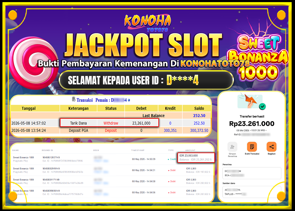 KONOHATOTO78 JACKPOT SWEET BONANZA 1000  Rp.23.261.000,LUNAS